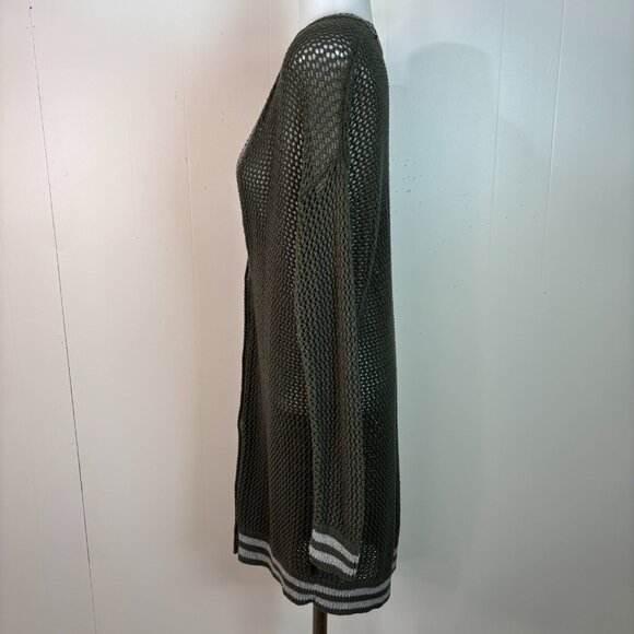 American Eagle Cardigan Medium Green Longline Varsity Open-Knit Sweater Cotton - Picture 4 of 8